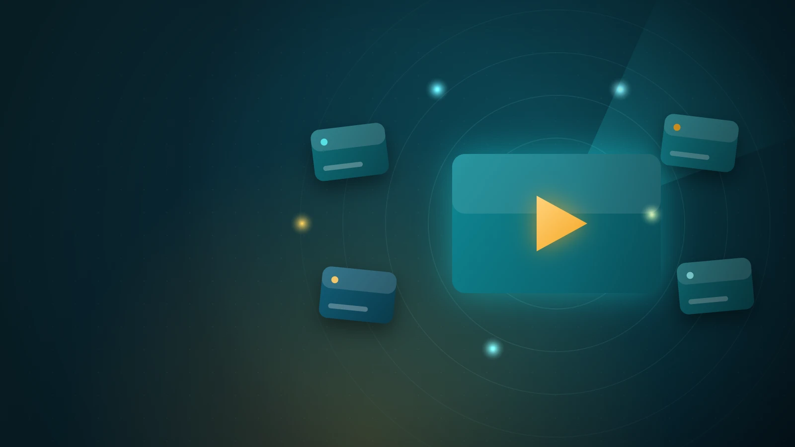 Live TV streaming concept with floating channel tiles and a play button